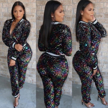 Fashion Sequined Long Sleeve Top 2 Piece Pants Set