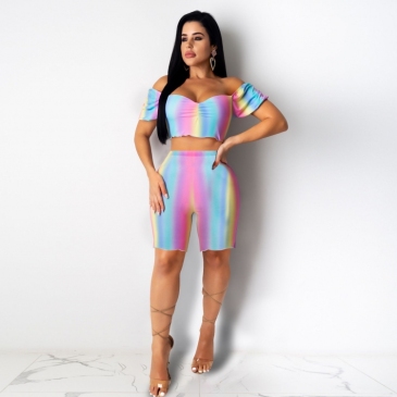 Gradient Color Short Sleeve Two Piece Outfits