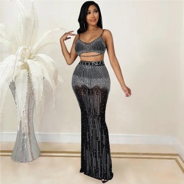Hot Drilling Cropped Tank And Maxi Skirt Sets
