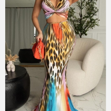 Leopard  Tie Wrap Cropped And Maxi Skirt Sets