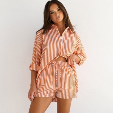 Loose Striped Long Sleeve Top With Short Pants