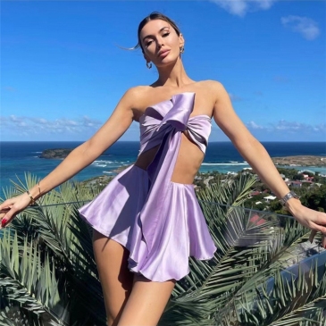 Purple Strapless Cropped Top Skirts Set