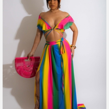 Rainbow Ruffle Cropped Top Maxi Skirt Set