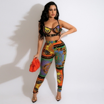 Sexy Print Patchwork Camisole With Long Pants