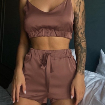 Sexy Silk Solid Spaghetti Strap Top With Shorts Set