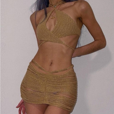 Sexy Tie-Wrap Cropped Tank Top And Skirt