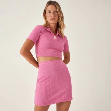 Solid Short Sleeve Knitted Two Piece Skirt Sets
