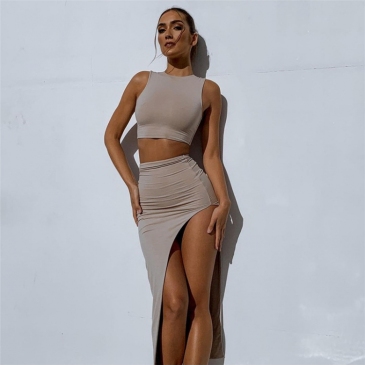Solid Side Silt Sleeveless Two Piece Skirt Sets