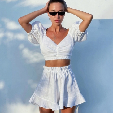 Summer White Puff Sleeve Top With Short Pants