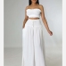 3White Ruched Strapless Crop Top Wide Leg Pants Sets