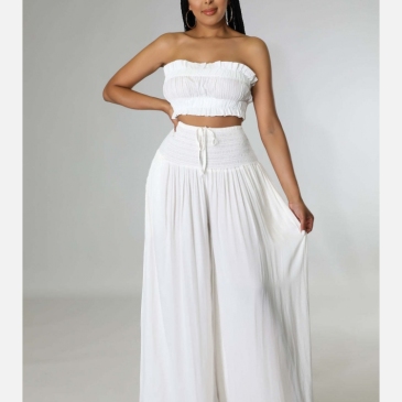 White Ruched Strapless Crop Top Wide Leg Pants Sets